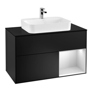 V&B Finion 100 Meuble sous lavabo Éclairage mural, blanc mat laqué, bleu mat laqué