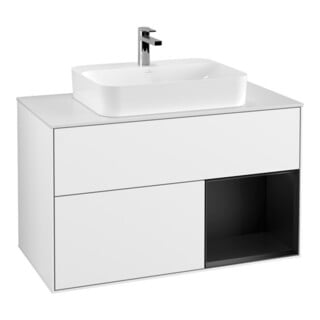 V&B Finion 100 Meuble sous-lavabo Éclairage mural, blanc mat, laque brillante blanche