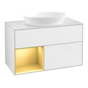 V&B Finion 100 Meuble sous lavabo Éclairage mural, blanc mat, laqué or mat, laqué blanc brillant