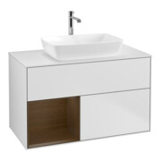 V&B Finion 100 Meuble sous lavabo Éclairage mural, blanc mat, placage noyer verni, blanc mat Lac