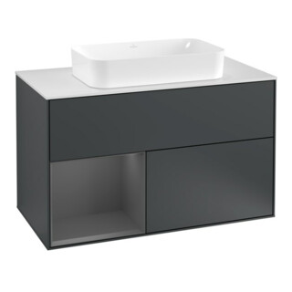 V&B Finion 100 Meuble sous lavabo Éclairage mural, blanc mat, poignée alu mat, miroir avec éclairage LED