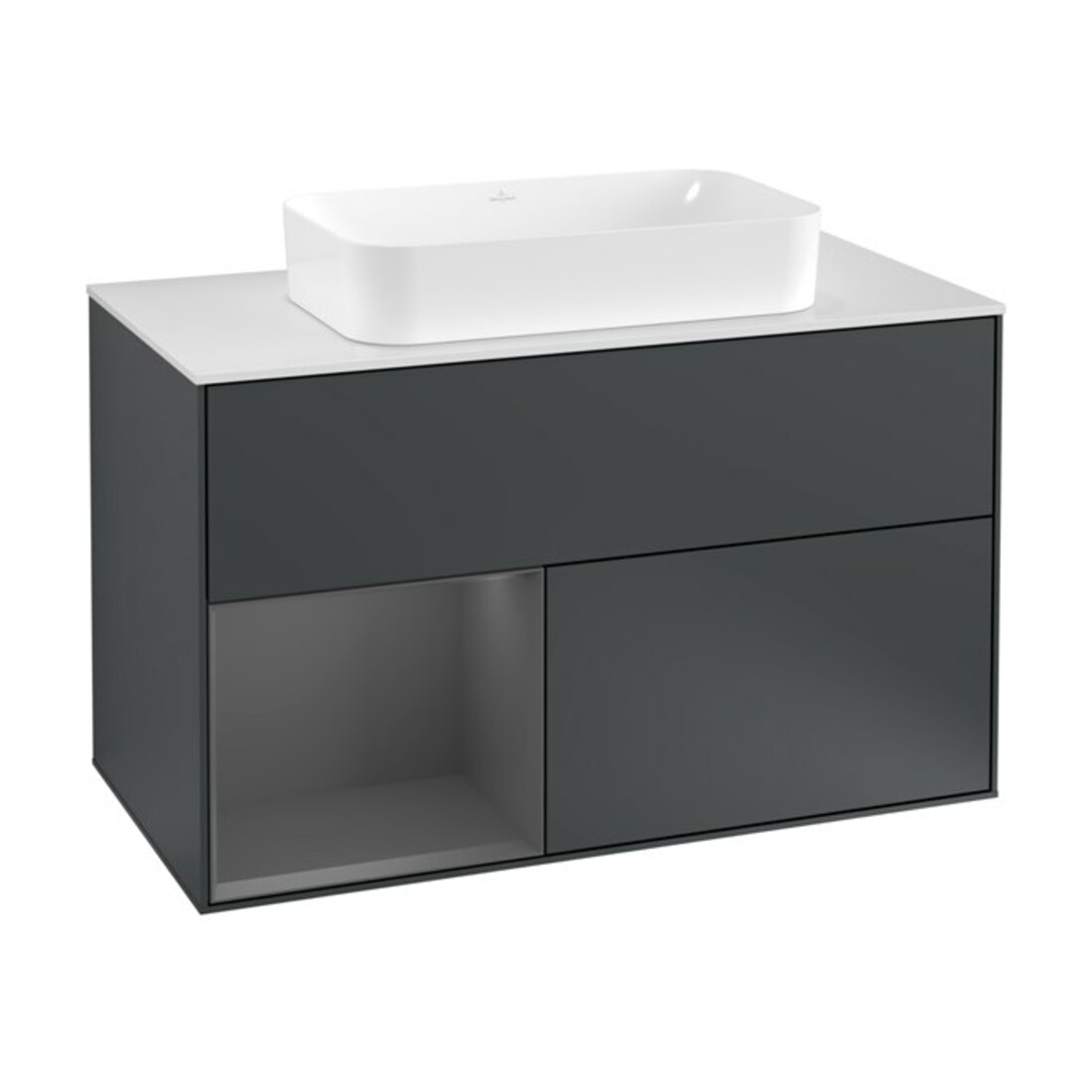 V&B Finion 100 Meuble sous lavabo Éclairage mural, blanc mat, poignée alu mat, miroir avec éclairage LED