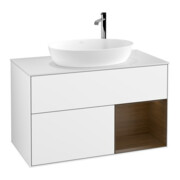 V&B Finion 100 Meuble sous lavabo Éclairage mural Blanc mat, poignée noyer verni, blanc brillant laqué