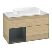 V&B Finion 100 Meuble sous-lavabo Éclairage mural, blanc mat, rég. gauche, bleu lac, Oa ven