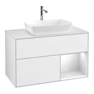 V&B Finion 100 Meuble sous-lavabo Éclairage mural, blanc mat, réglette blanche laquée, blanc brillant laqué
