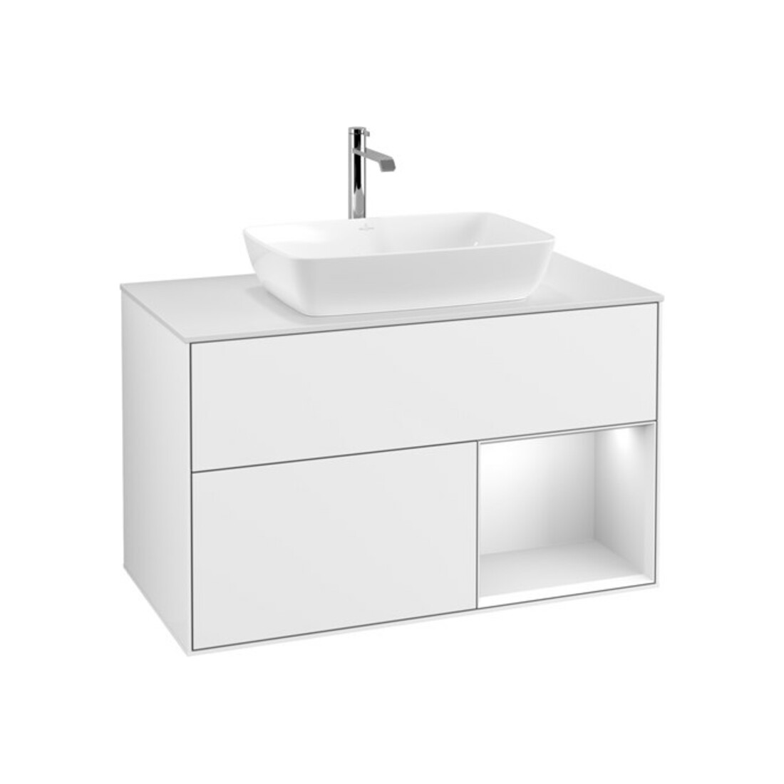 V&B Finion 100 Meuble sous-lavabo Éclairage mural, blanc mat, réglette blanche laquée, blanc brillant laqué