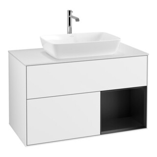 V&B Finion 100 Meuble sous lavabo, éclairage mural, blanc mat, réglette bleue, laqué blanc brillant