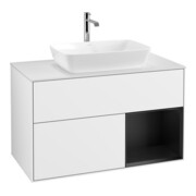 V&B Finion 100 Meuble sous lavabo, éclairage mural, blanc mat, réglette bleue, laqué blanc brillant