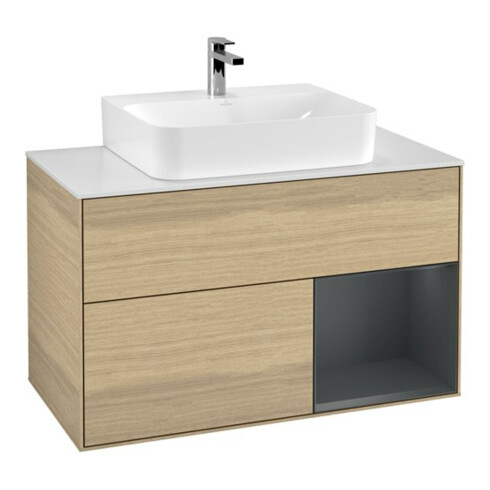 V&B Finion 100 Meuble sous-lavabo Éclairage mural, blanc mat, réglette LED bleue, avec laque, ouverture à bouton-poussoir