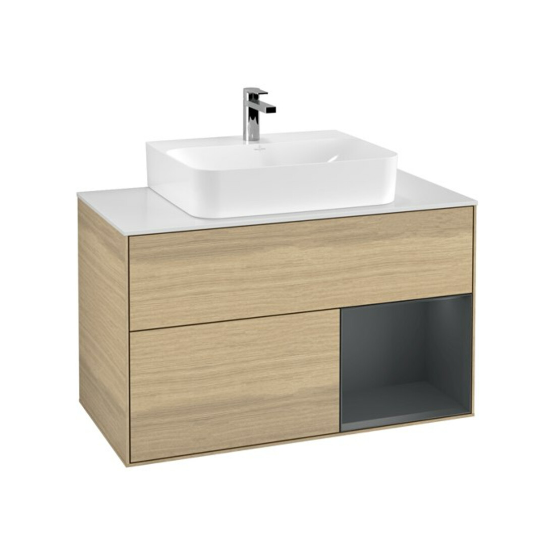 V&B Finion 100 Meuble sous-lavabo Éclairage mural, blanc mat, réglette LED bleue, avec laque, ouverture à bouton-poussoir