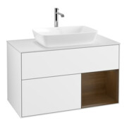 V&B Finion 100 Meuble sous lavabo, éclairage mural, blanc mat, réglette noyer, laque blanc brillant