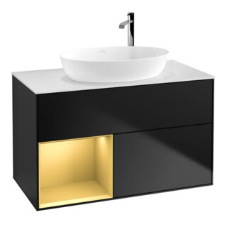 V&B Finion 100 Meuble sous lavabo, éclairage mural, blanc mat, réglette or mat laqué, bleu mat laqué