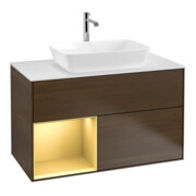 V&B Finion 100 Meuble sous lavabo, éclairage mural, blanc mat, réglette or mat, noyer veinée