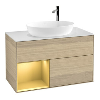 V&B Finion 100 Meuble sous lavabo, éclairage mural, blanc mat, réglette or mat, Oa ven