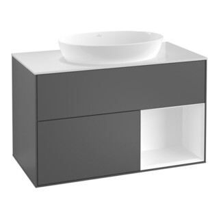 V&B Finion 100 Meuble sous lavabo, éclairage mural, blanc mat, régulateur argent mat, poignée ven