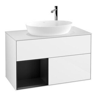 V&B Finion 100 Meuble sous lavabo Éclairage mural, blanc mat, régulateur bleu mat, laqué blanc brillant