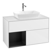 V&B Finion 100 Meuble sous lavabo Éclairage mural, blanc mat, régulateur bleu mat, laqué brillant blanc