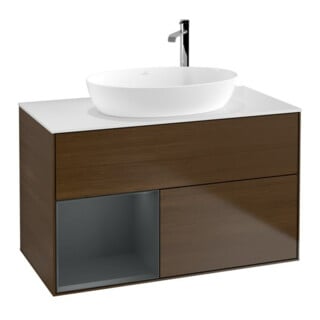 V&B Finion 100 Meuble sous lavabo, éclairage mural, blanc mat, régulateur médium, laque, noyer veinée