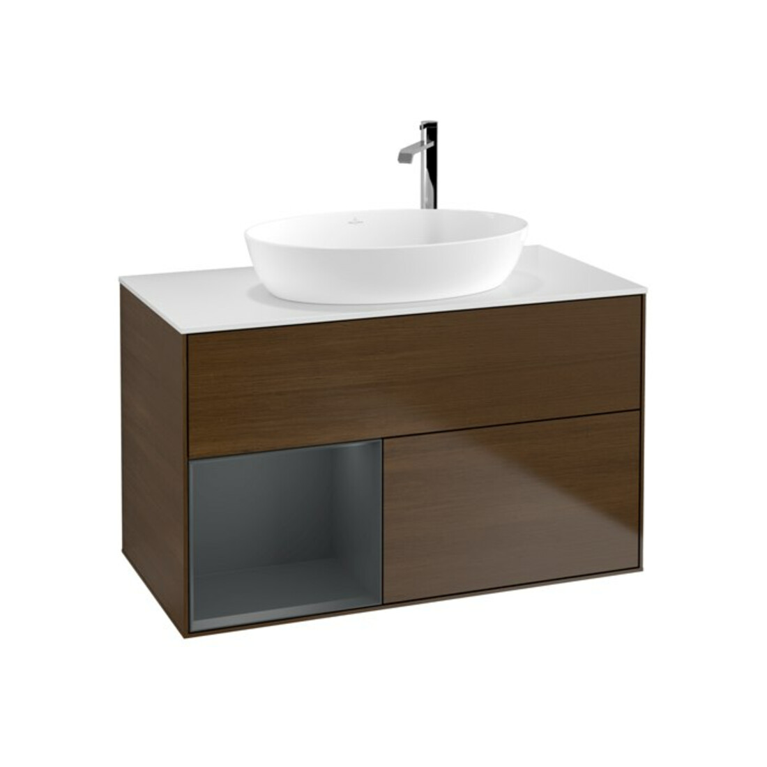 V&B Finion 100 Meuble sous lavabo, éclairage mural, blanc mat, régulateur médium, laque, noyer veinée