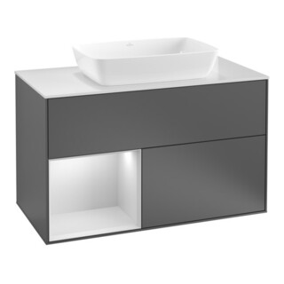 V&B Finion 100 Meuble sous lavabo, éclairage mural, blanc mat, régulateur Oa ven, gris mat laqué