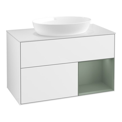 V&B Finion 100 Meuble sous-lavabo Éclairage mural, blanc mat, régulateur olivier, laqué blanc brillant