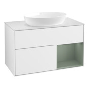 V&B Finion 100 Meuble sous-lavabo Éclairage mural, blanc mat, régulateur olivier, laqué blanc brillant