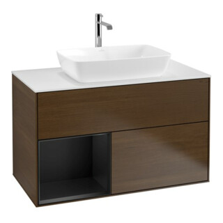 V&B Finion 100 Meuble sous lavabo, éclairage mural, blanc mat, tablette bleue mat, noyer verni