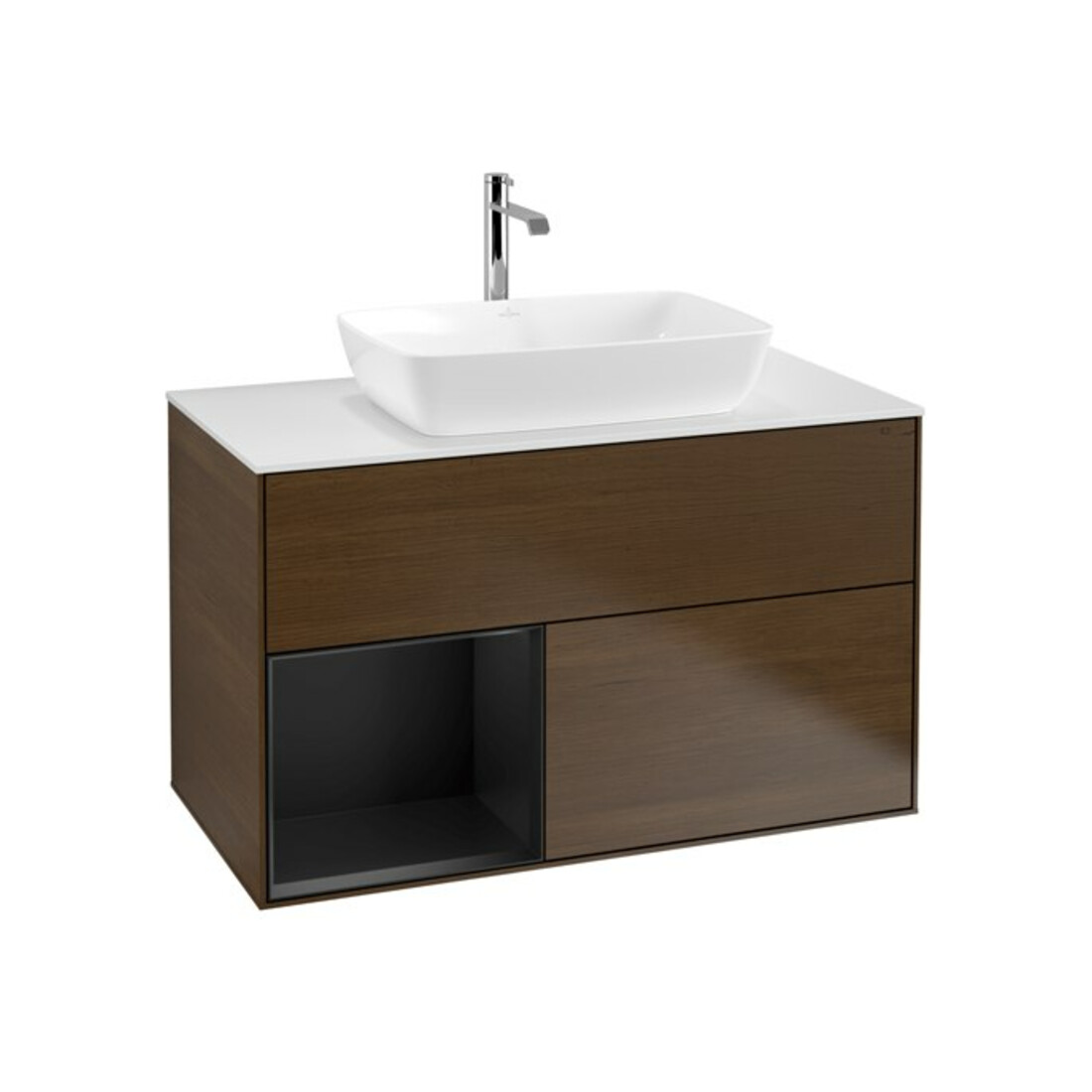 V&B Finion 100 Meuble sous lavabo, éclairage mural, blanc mat, tablette bleue mat, noyer verni