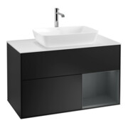 V&B Finion 100 Meuble sous lavabo, éclairage mural, blanc mat, tiroir médian mat laqué, bleu mat laqué