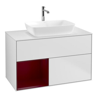 V&B Finion 100 Meuble sous lavabo, éclairage mural, blanc mat, tiroir Peo mat laqué blanc