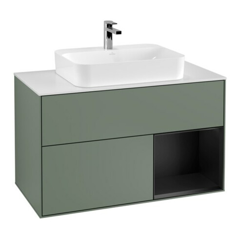 V&B Finion 100 Meuble sous lavabo Éclairage mural Blanc mat, Vernis brillant bleu, Vernis brillant huileux