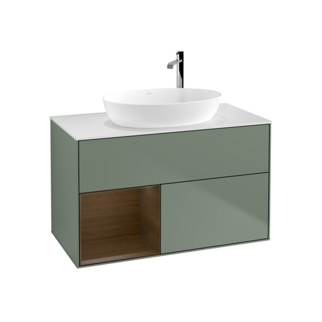 V&B Finion 100 Meuble sous lavabo, éclairage mural, blanc, placage noyer, huile, mat laqué