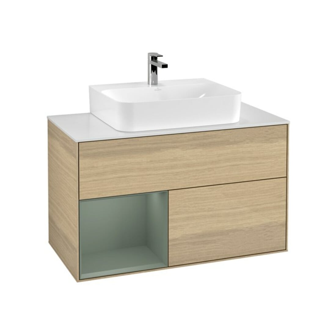 V&B Finion 100 Meuble sous lavabo, éclairage mural, blanc, porte gauche, huile avec laque, ven. ouverte