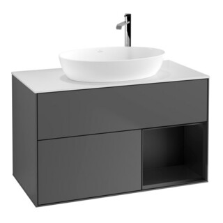 V&B Finion 100 Meuble sous lavabo, éclairage mural, blanc, réglette bleue, anthracite