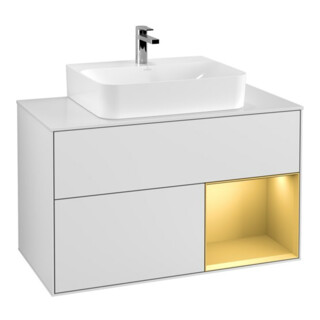 V&B Finion 100 Meuble sous lavabo, éclairage mural, blanc, réglette droite or, blanc laqué
