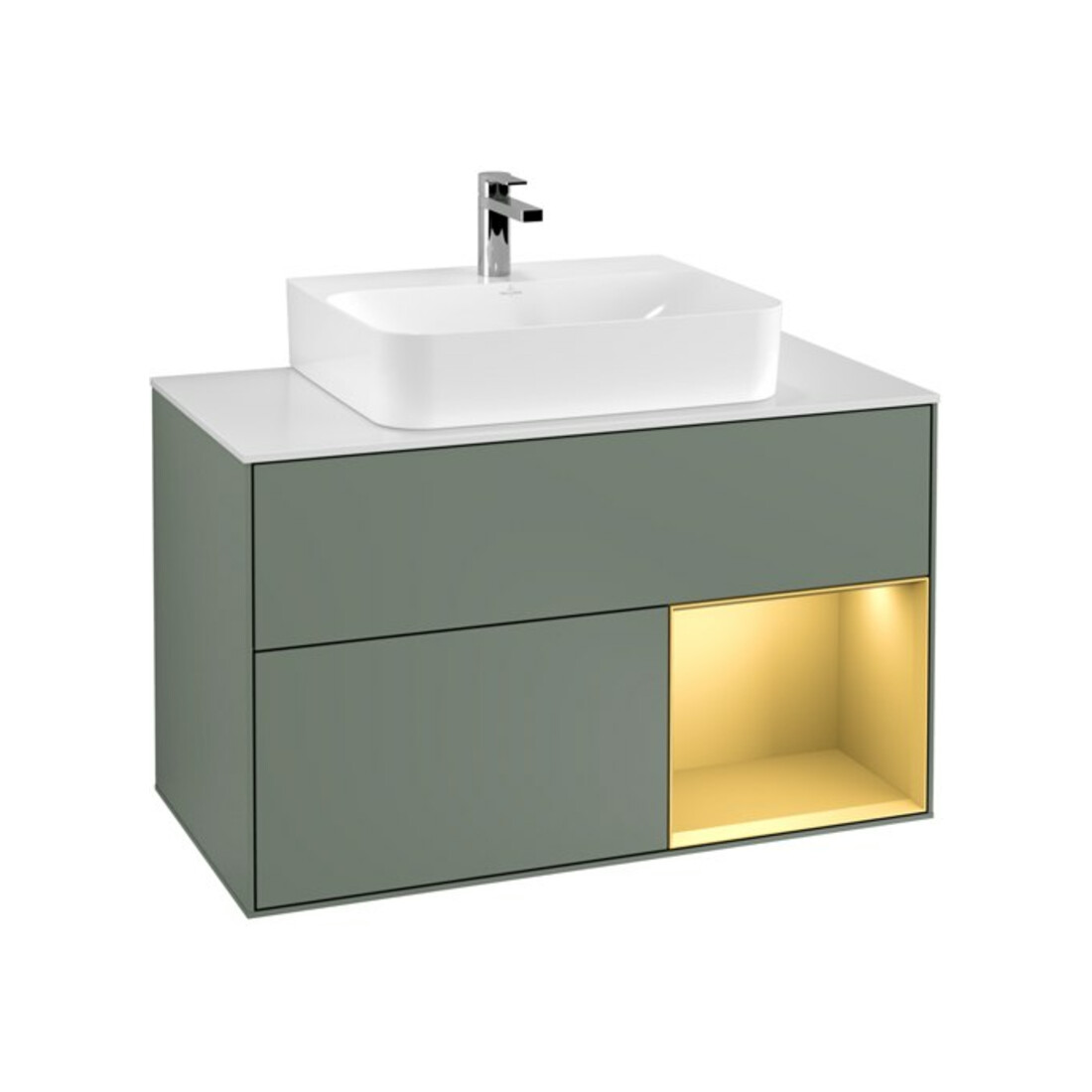 V&B Finion 100 Meuble sous lavabo, éclairage mural, blanc, réglette droite or, huile, avec laque