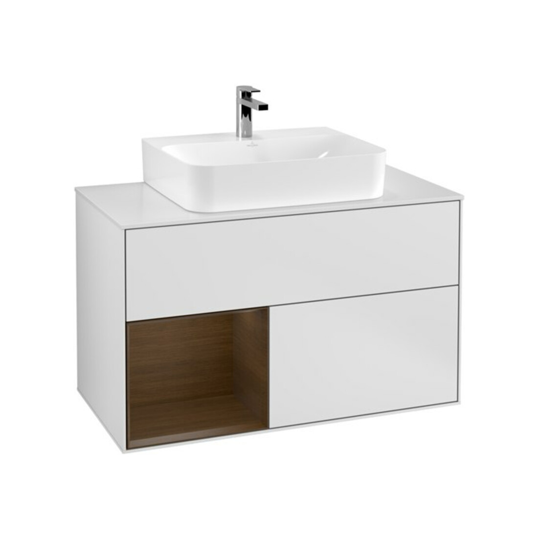 V&B Finion 100 Meuble sous lavabo, éclairage mural, blanc, réglette gauche, blanc mat Lac