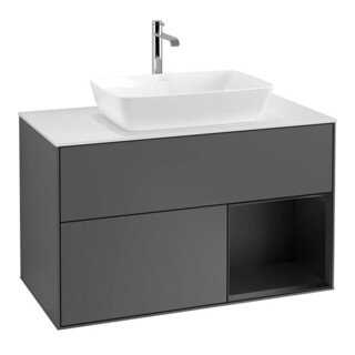 V&B Finion 100 Meuble sous lavabo, éclairage mural, blanc, tiroir bleu avec laque, anthracite