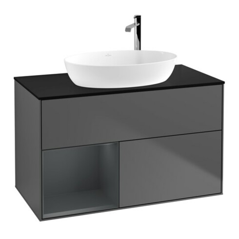 V&B Finion 100 Meuble sous lavabo, Éclairage mural, Bleu, Anthracite, Lacqué, Avec étagère