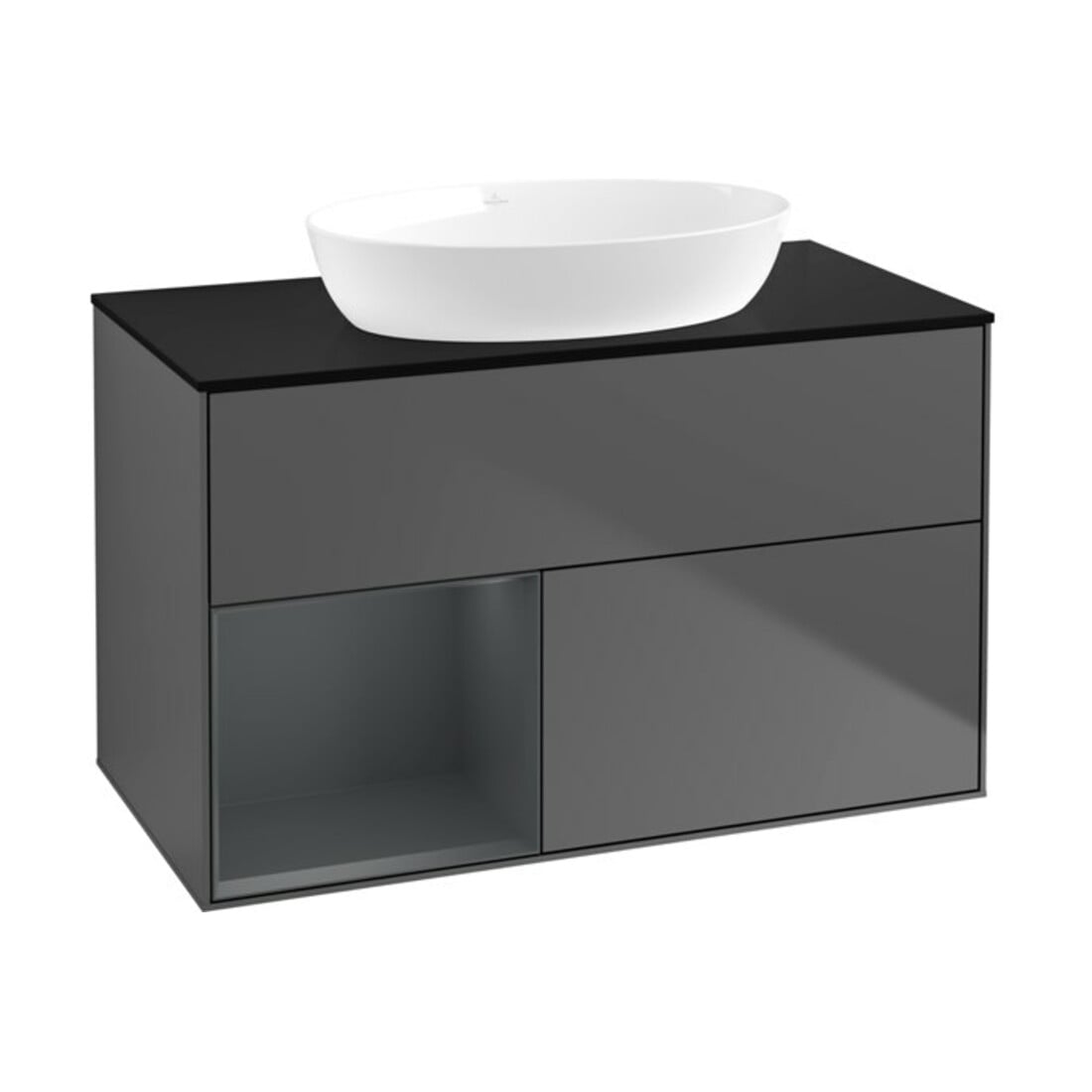 V&B Finion 100 Meuble sous-lavabo, éclairage mural, bleu clair, étagère, laqué, anthracite mat