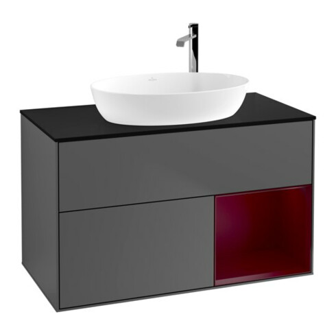 V&B Finion 100 Meuble sous lavabo, éclairage mural, bleu clair, étagère Peo, laqué, anthracite