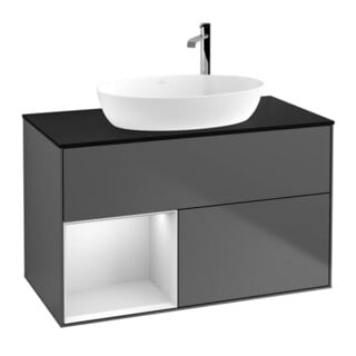V&B Finion 100 Meuble sous lavabo, éclairage mural, bleu, étagère blanche laquée, anthracite