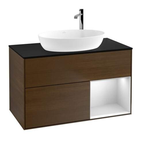 V&B Finion 100 Meuble sous lavabo, éclairage mural, bleu, étagère blanche laquée, chêne veinée