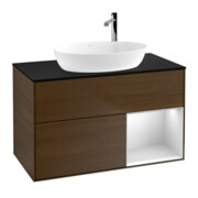 V&B Finion 100 Meuble sous lavabo, éclairage mural, bleu, étagère blanche laquée, chêne veinée