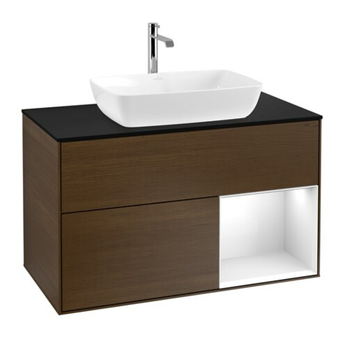 V&B Finion 100 Meuble sous-lavabo, éclairage mural, bleu, étagère, laqué blanc, placage noyer