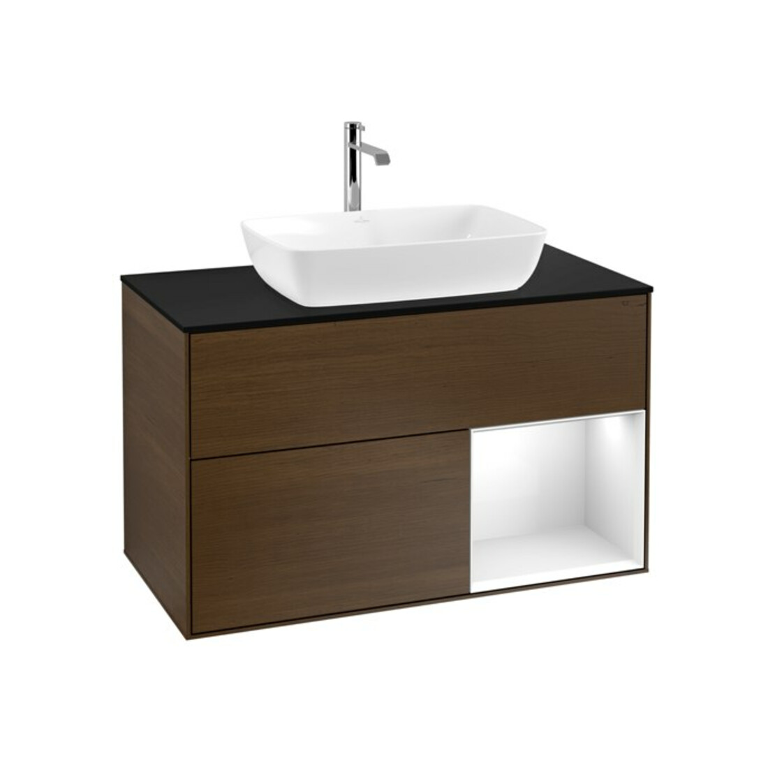 V&B Finion 100 Meuble sous-lavabo, éclairage mural, bleu, étagère, laqué blanc, placage noyer