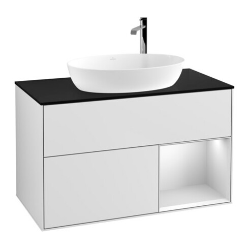 V&B Finion 100 Meuble sous lavabo Éclairage mural Bleu mat, étagère blanc mat laqué