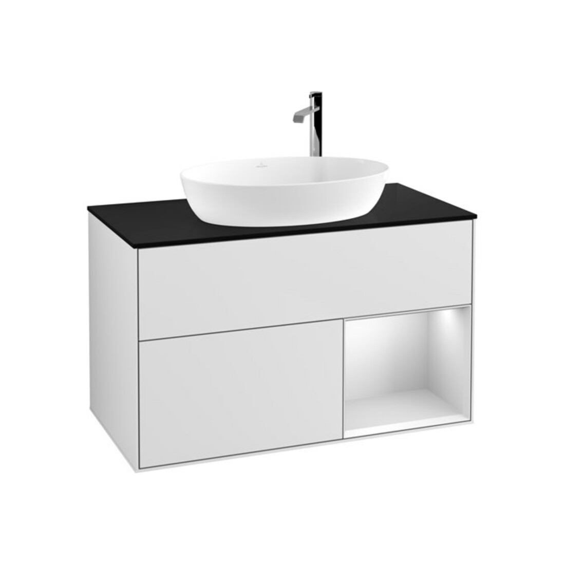 V&B Finion 100 Meuble sous lavabo Éclairage mural Bleu mat, étagère blanc mat laqué
