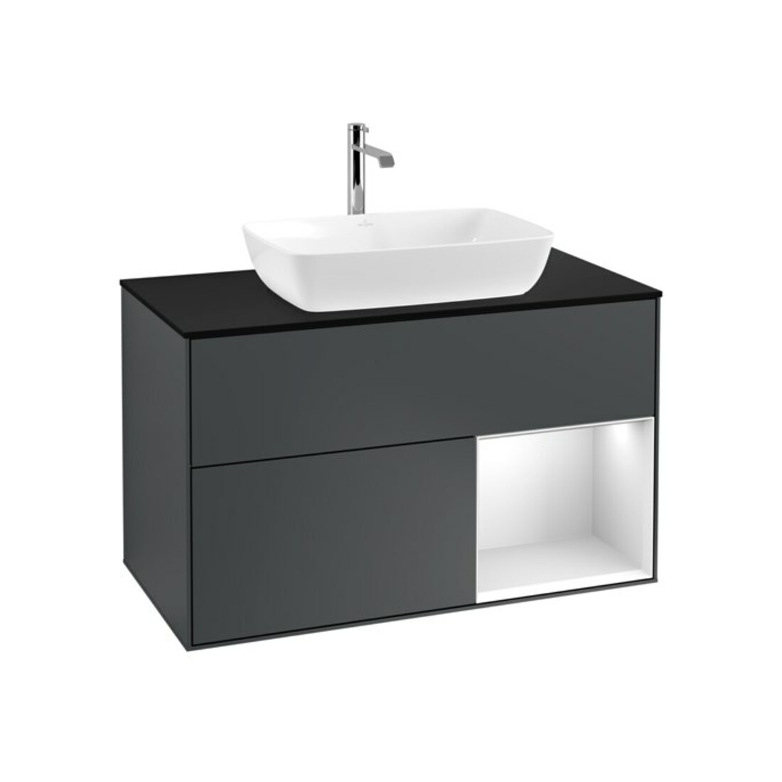 V&B Finion 100 Meuble sous lavabo Éclairage mural Pl blanc mat, Rég blanc mat, méd. bleu mat
