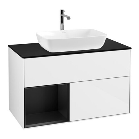 V&B Finion 100 Meuble sous lavabo Éclairage mural Pl blanc mat, Rég bleu mat Lac, brillant blanc Lac